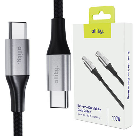 ALLITY AUC-01 kabel, USB-C na USB-C, 100W, 2m, univerzalni, polnjenje / napajanje / prenos podatkov, Plug&Play, najlon, +Velcro trak, črn