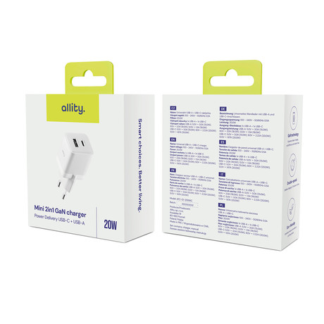 ALLITY ATC-01 GaN polnilec, 20W, 1x USB-C, 1x USB-A, Power Delivery, Quick Charge, polnjenje / napajanje, univerzalna kompatibilnost, Plug&Play, tehnologija GaN, bel