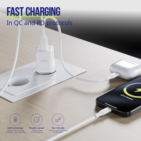ALLITY ATC-01 GaN polnilec, 20W, 1x USB-C, 1x USB-A, Power Delivery, Quick Charge, polnjenje / napajanje, univerzalna kompatibilnost, Plug&Play, tehnologija GaN, bel