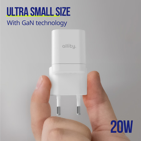 ALLITY ATC-01 GaN polnilec, 20W, 1x USB-C, 1x USB-A, Power Delivery, Quick Charge, polnjenje / napajanje, univerzalna kompatibilnost, Plug&Play, tehnologija GaN, bel