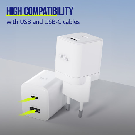 ALLITY ATC-01 GaN polnilec, 20W, 1x USB-C, 1x USB-A, Power Delivery, Quick Charge, polnjenje / napajanje, univerzalna kompatibilnost, Plug&Play, tehnologija GaN, bel