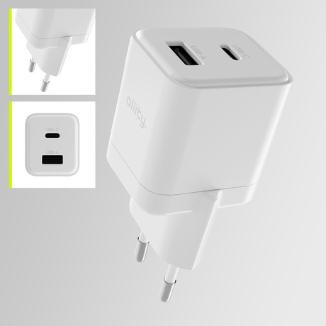 ALLITY ATC-01 GaN polnilec, 20W, 1x USB-C, 1x USB-A, Power Delivery, Quick Charge, polnjenje / napajanje, univerzalna kompatibilnost, Plug&Play, tehnologija GaN, bel