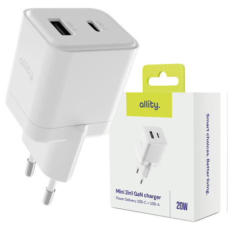 ALLITY ATC-01 GaN polnilec, 20W, 1x USB-C, 1x USB-A, Power Delivery, Quick Charge, polnjenje / napajanje, univerzalna kompatibilnost, Plug&Play, tehnologija GaN, bel