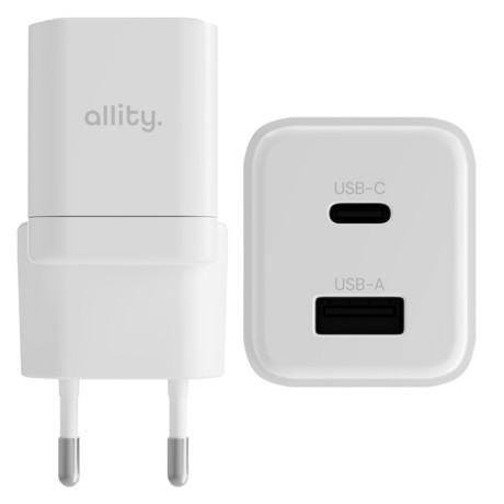 ALLITY ATC-01 GaN polnilec, 20W, 1x USB-C, 1x USB-A, Power Delivery, Quick Charge, polnjenje / napajanje, univerzalna kompatibilnost, Plug&Play, tehnologija GaN, bel