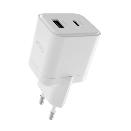 ALLITY ATC-01 GaN polnilec, 20W, 1x USB-C, 1x USB-A, Power Delivery, Quick Charge, polnjenje / napajanje, univerzalna kompatibilnost, Plug&Play, tehnologija GaN, bel