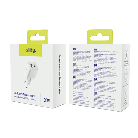 ALLITY ATC-01 GaN polnilec, 30W, 1x USB-C, 1x USB-A, Power Delivery, Quick Charge, polnjenje / napajanje, univerzalna kompatibilnost, Plug&Play, tehnologija GaN, bel