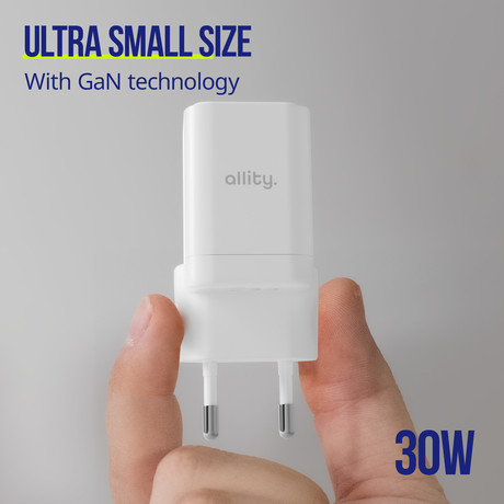 ALLITY ATC-01 GaN polnilec, 30W, 1x USB-C, 1x USB-A, Power Delivery, Quick Charge, polnjenje / napajanje, univerzalna kompatibilnost, Plug&Play, tehnologija GaN, bel
