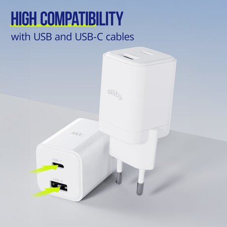 ALLITY ATC-01 GaN polnilec, 30W, 1x USB-C, 1x USB-A, Power Delivery, Quick Charge, polnjenje / napajanje, univerzalna kompatibilnost, Plug&Play, tehnologija GaN, bel