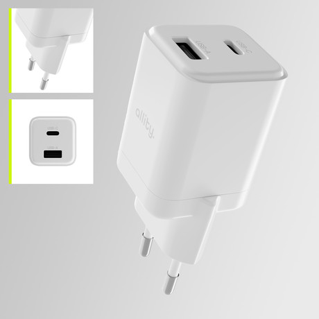 ALLITY ATC-01 GaN polnilec, 30W, 1x USB-C, 1x USB-A, Power Delivery, Quick Charge, polnjenje / napajanje, univerzalna kompatibilnost, Plug&Play, tehnologija GaN, bel