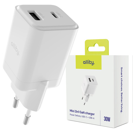 ALLITY ATC-01 GaN polnilec, 30W, 1x USB-C, 1x USB-A, Power Delivery, Quick Charge, polnjenje / napajanje, univerzalna kompatibilnost, Plug&Play, tehnologija GaN, bel