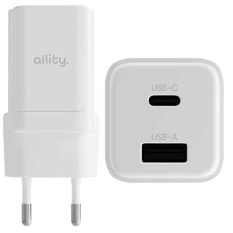 ALLITY ATC-01 GaN polnilec, 30W, 1x USB-C, 1x USB-A, Power Delivery, Quick Charge, polnjenje / napajanje, univerzalna kompatibilnost, Plug&Play, tehnologija GaN, bel