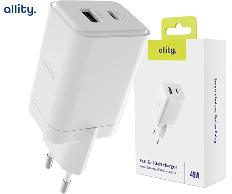ALLITY ATC-01 GaN polnilec, 45W, 1x USB-C, 1x USB-A, Power Delivery, Quick Charge, polnjenje / napajanje, univerzalna kompatibilnost, Plug&Play, tehnologija GaN, bel