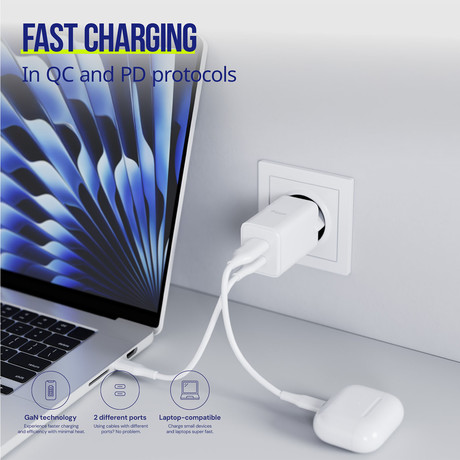 ALLITY ATC-01 GaN polnilec, 45W, 1x USB-C, 1x USB-A, Power Delivery, Quick Charge, polnjenje / napajanje, univerzalna kompatibilnost, Plug&Play, tehnologija GaN, bel