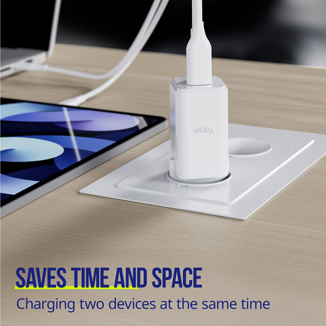 ALLITY ATC-01 GaN polnilec, 45W, 1x USB-C, 1x USB-A, Power Delivery, Quick Charge, polnjenje / napajanje, univerzalna kompatibilnost, Plug&Play, tehnologija GaN, bel