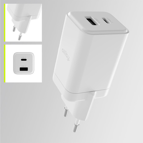 ALLITY ATC-01 GaN polnilec, 45W, 1x USB-C, 1x USB-A, Power Delivery, Quick Charge, polnjenje / napajanje, univerzalna kompatibilnost, Plug&Play, tehnologija GaN, bel