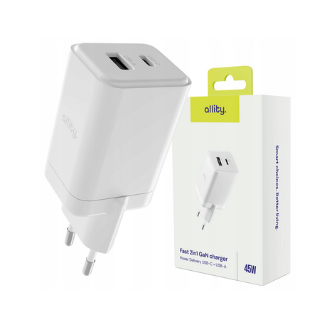 ALLITY ATC-01 GaN polnilec, 45W, 1x USB-C, 1x USB-A, Power Delivery, Quick Charge, polnjenje / napajanje, univerzalna kompatibilnost, Plug&Play, tehnologija GaN, bel