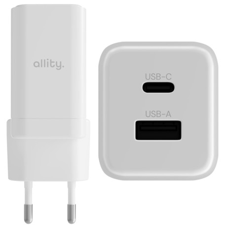 ALLITY ATC-01 GaN polnilec, 45W, 1x USB-C, 1x USB-A, Power Delivery, Quick Charge, polnjenje / napajanje, univerzalna kompatibilnost, Plug&Play, tehnologija GaN, bel