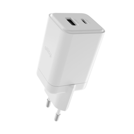 ALLITY ATC-01 GaN polnilec, 45W, 1x USB-C, 1x USB-A, Power Delivery, Quick Charge, polnjenje / napajanje, univerzalna kompatibilnost, Plug&Play, tehnologija GaN, bel