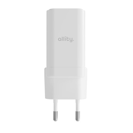 ALLITY ATC-01 GaN polnilec, 45W, 1x USB-C, 1x USB-A, Power Delivery, Quick Charge, polnjenje / napajanje, univerzalna kompatibilnost, Plug&Play, tehnologija GaN, bel