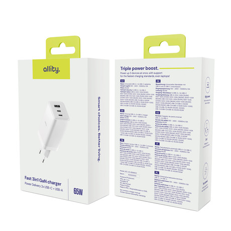 ALLITY ATC-01 GaN polnilec, 65W, 2x USB-C, 1x USB-A, Power Delivery, Quick Charge, polnjenje / napajanje, univerzalna kompatibilnost, Plug&Play, tehnologija GaN, bel