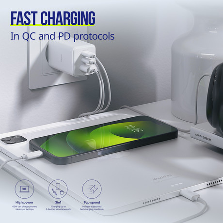 ALLITY ATC-01 GaN polnilec, 65W, 2x USB-C, 1x USB-A, Power Delivery, Quick Charge, polnjenje / napajanje, univerzalna kompatibilnost, Plug&Play, tehnologija GaN, bel