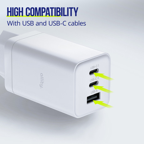 ALLITY ATC-01 GaN polnilec, 65W, 2x USB-C, 1x USB-A, Power Delivery, Quick Charge, polnjenje / napajanje, univerzalna kompatibilnost, Plug&Play, tehnologija GaN, bel