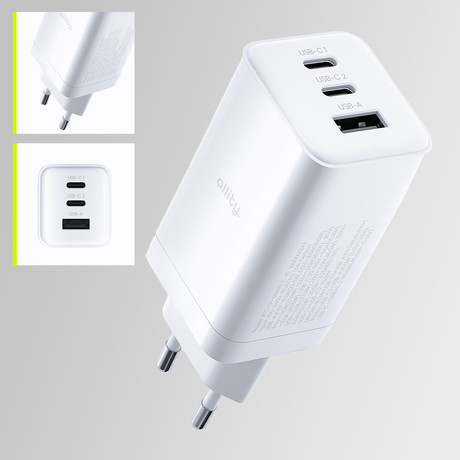 ALLITY ATC-01 GaN polnilec, 65W, 2x USB-C, 1x USB-A, Power Delivery, Quick Charge, polnjenje / napajanje, univerzalna kompatibilnost, Plug&Play, tehnologija GaN, bel
