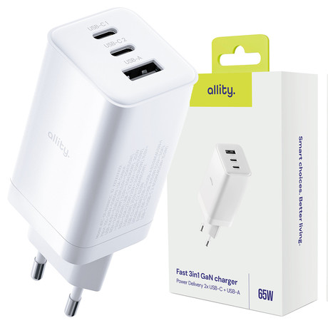 ALLITY ATC-01 GaN polnilec, 65W, 2x USB-C, 1x USB-A, Power Delivery, Quick Charge, polnjenje / napajanje, univerzalna kompatibilnost, Plug&Play, tehnologija GaN, bel