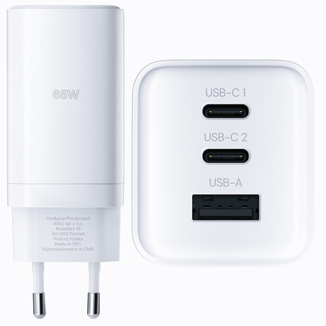 ALLITY ATC-01 GaN polnilec, 65W, 2x USB-C, 1x USB-A, Power Delivery, Quick Charge, polnjenje / napajanje, univerzalna kompatibilnost, Plug&Play, tehnologija GaN, bel