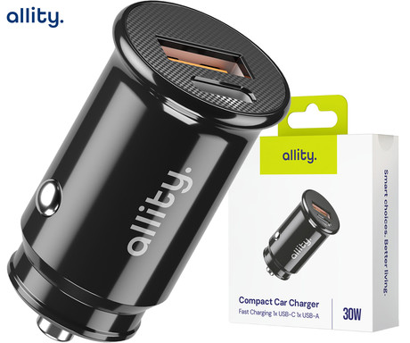 ALLITY ACC-100 avto polnilec, 30W, 12/24V, 1x USB-C, 1x USB-A, Power Delivery, Quick Charge, polnjenje / napajanje, univerzalna kompatibilnost, Plug&Play, črn