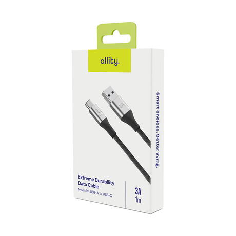 ALLITY AUC-01 kabel, USB-A na USB-C, 60W, 3A, 1m, univerzalni, polnjenje / napajanje / prenos podatkov, Plug&Play, najlon, +Velcro trak, črn