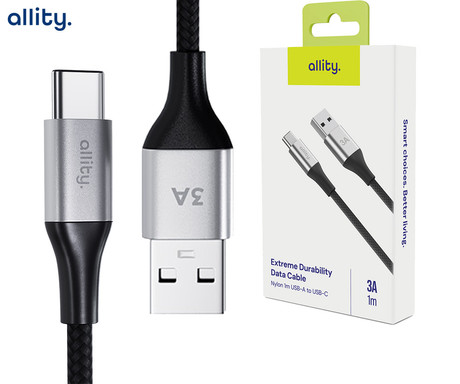 ALLITY AUC-01 kabel, USB-A na USB-C, 60W, 3A, 1m, univerzalni, polnjenje / napajanje / prenos podatkov, Plug&Play, najlon, +Velcro trak, črn