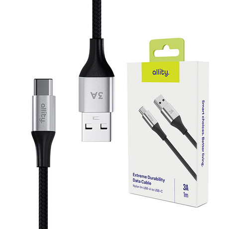 ALLITY AUC-01 kabel, USB-A na USB-C, 60W, 3A, 1m, univerzalni, polnjenje / napajanje / prenos podatkov, Plug&Play, najlon, +Velcro trak, črn