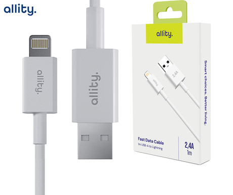 ALLITY AUC-03 kabel, USB-A na Lightning, 60W, 2.4A, 1m, univerzalni, polnjenje / napajanje / prenos podatkov, Plug&Play, odporen TPU/TPE, +Velcro trak, bel