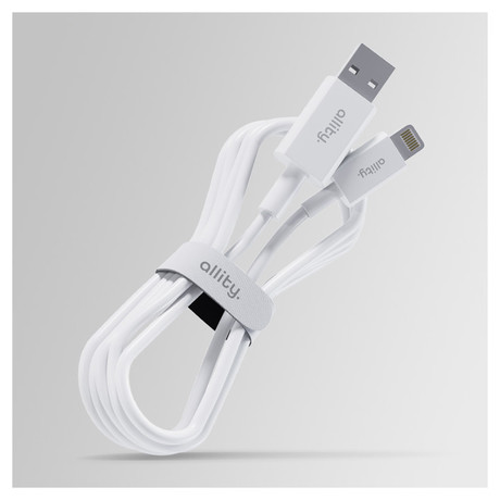ALLITY AUC-03 kabel, USB-A na Lightning, 60W, 2.4A, 1m, univerzalni, polnjenje / napajanje / prenos podatkov, Plug&Play, odporen TPU/TPE, +Velcro trak, bel
