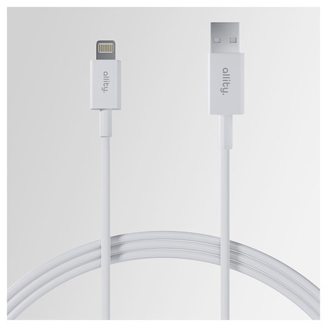ALLITY AUC-03 kabel, USB-A na Lightning, 60W, 2.4A, 1m, univerzalni, polnjenje / napajanje / prenos podatkov, Plug&Play, odporen TPU/TPE, +Velcro trak, bel