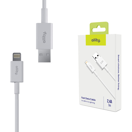 ALLITY AUC-03 kabel, USB-A na Lightning, 60W, 2.4A, 1m, univerzalni, polnjenje / napajanje / prenos podatkov, Plug&Play, odporen TPU/TPE, +Velcro trak, bel