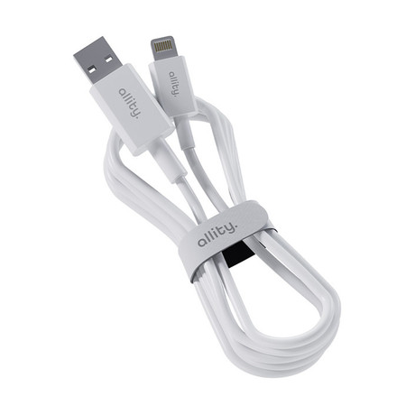 ALLITY AUC-03 kabel, USB-A na Lightning, 60W, 2.4A, 1m, univerzalni, polnjenje / napajanje / prenos podatkov, Plug&Play, odporen TPU/TPE, +Velcro trak, bel
