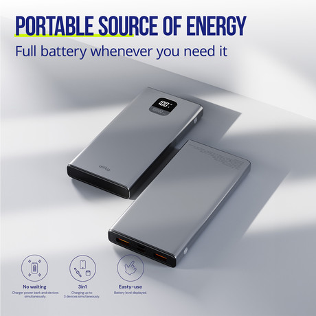 ALLITY APB-100 powerbank polnilna baterija, 10.000mAh, 22.5W, 1x USB-C, 2x USB-A, LCD zaslon, Power Delivery, Quick Charge, Plug&Play, siva
