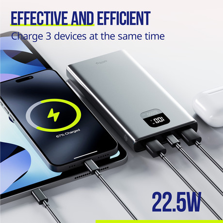 ALLITY APB-100 powerbank polnilna baterija, 10.000mAh, 22.5W, 1x USB-C, 2x USB-A, LCD zaslon, Power Delivery, Quick Charge, Plug&Play, siva