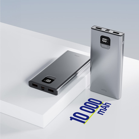 ALLITY APB-100 powerbank polnilna baterija, 10.000mAh, 22.5W, 1x USB-C, 2x USB-A, LCD zaslon, Power Delivery, Quick Charge, Plug&Play, siva