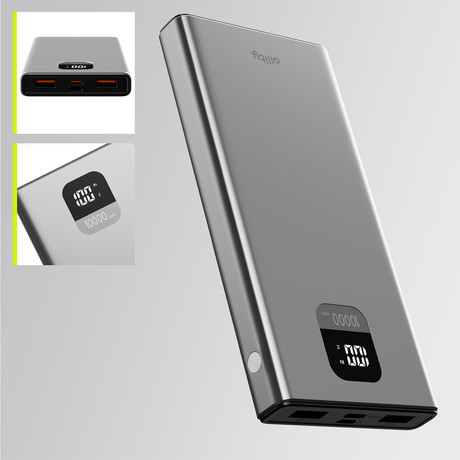 ALLITY APB-100 powerbank polnilna baterija, 10.000mAh, 22.5W, 1x USB-C, 2x USB-A, LCD zaslon, Power Delivery, Quick Charge, Plug&Play, siva
