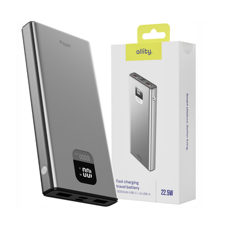ALLITY APB-100 powerbank polnilna baterija, 10.000mAh, 22.5W, 1x USB-C, 2x USB-A, LCD zaslon, Power Delivery, Quick Charge, Plug&Play, siva
