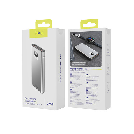 ALLITY APB-100 powerbank polnilna baterija, 10.000mAh, 22.5W, 1x USB-C, 2x USB-A, LCD zaslon, Power Delivery, Quick Charge, Plug&Play, siva
