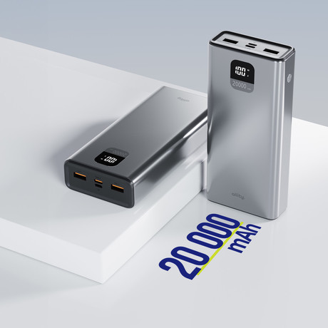 ALLITY APB-100 powerbank polnilna baterija, 20.000mAh, 22.5W, 1x USB-C, 2x USB-A, LCD zaslon, Power Delivery, Quick Charge, Plug&Play, siva