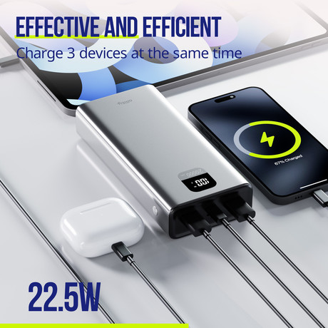 ALLITY APB-100 powerbank polnilna baterija, 20.000mAh, 22.5W, 1x USB-C, 2x USB-A, LCD zaslon, Power Delivery, Quick Charge, Plug&Play, siva