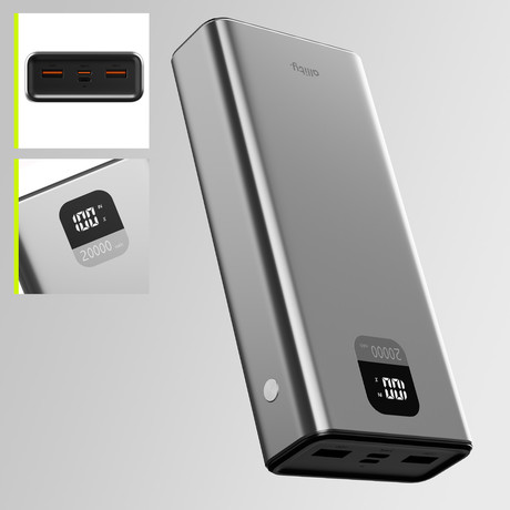 ALLITY APB-100 powerbank polnilna baterija, 20.000mAh, 22.5W, 1x USB-C, 2x USB-A, LCD zaslon, Power Delivery, Quick Charge, Plug&Play, siva