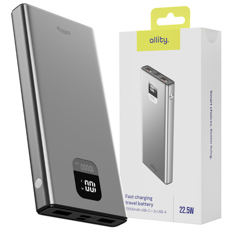 ALLITY APB-100 powerbank polnilna baterija, 20.000mAh, 22.5W, 1x USB-C, 2x USB-A, LCD zaslon, Power Delivery, Quick Charge, Plug&Play, siva