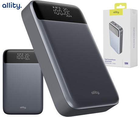 ALLITY APB-200 powerbank polnilna baterija, 19.200mAh, 130W, 2x USB-C, 1x USB-A, LCD zaslon, Power Delivery, Quick Charge, Plug&Play, +kabel 100W, siva
