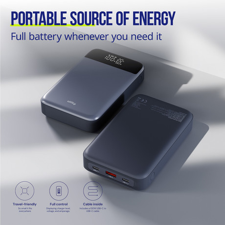 ALLITY APB-200 powerbank polnilna baterija, 19.200mAh, 130W, 2x USB-C, 1x USB-A, LCD zaslon, Power Delivery, Quick Charge, Plug&Play, +kabel 100W, siva